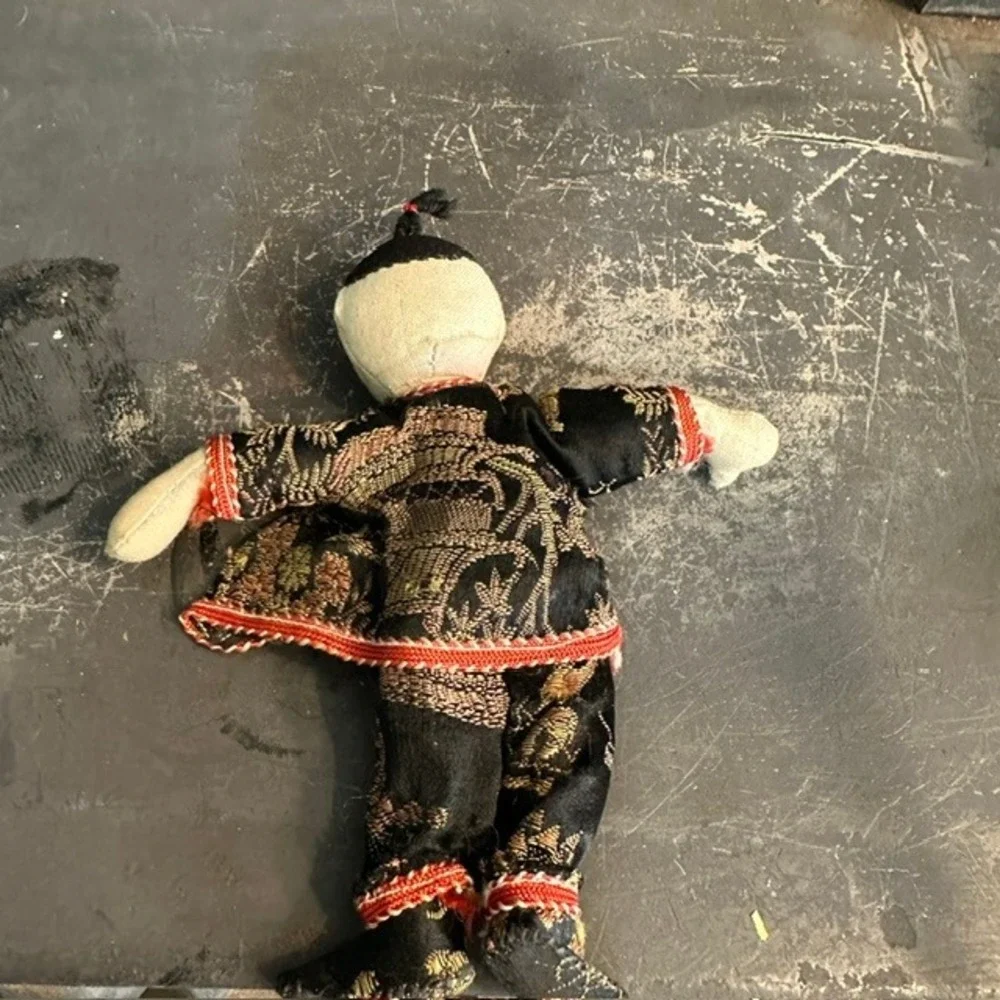 Vintage Chinese Cloth Dolls Set of 2 Orange Black Silk Brocade Folk Art 12in